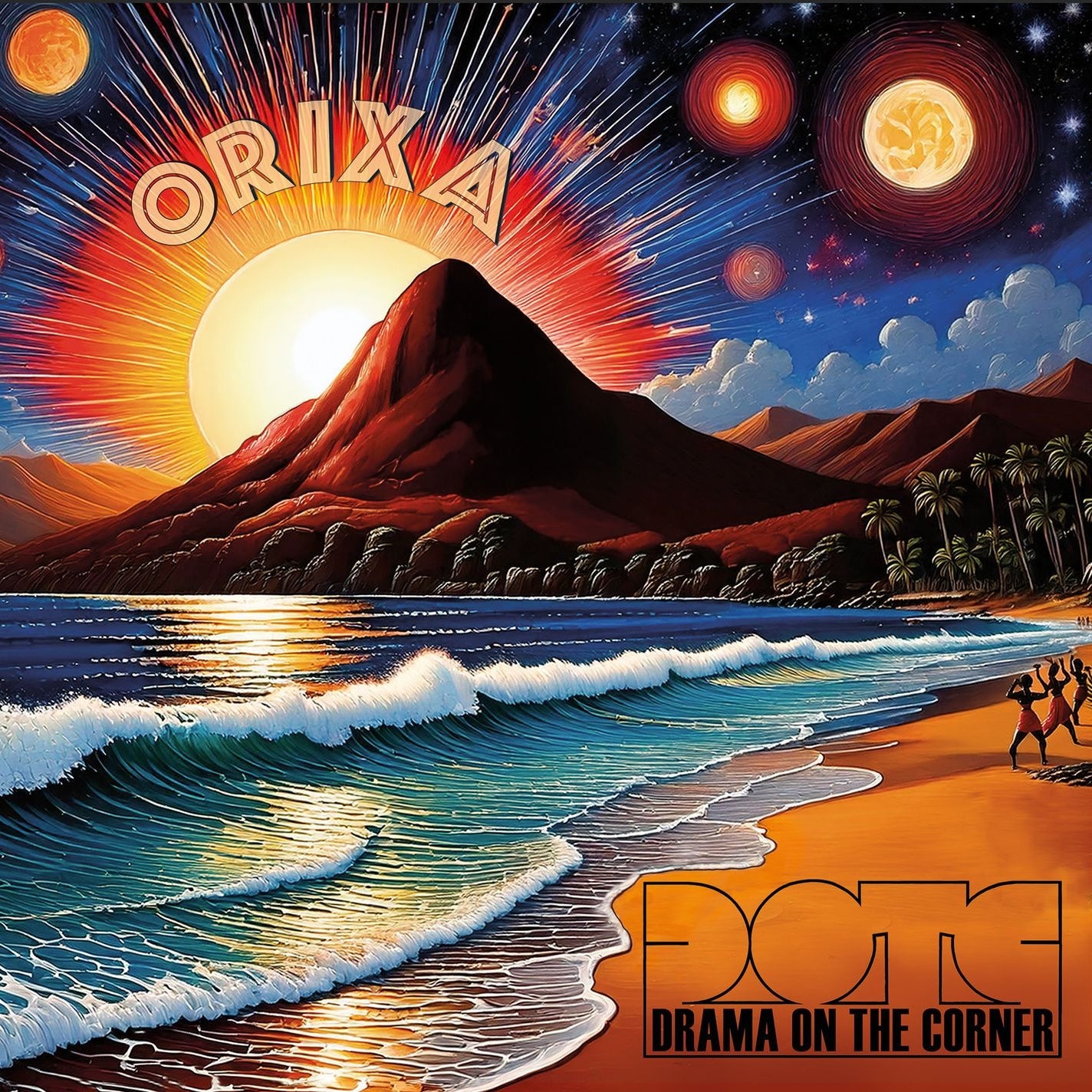 Portada del vinilo Drama On The Corner – Orixa, paisaje costero cósmico con sol, montaña y arte de Betino's Records.