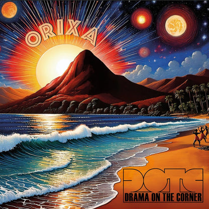 Portada del vinilo Drama On The Corner – Orixa, paisaje costero cósmico con sol, montaña y arte de Betino's Records.