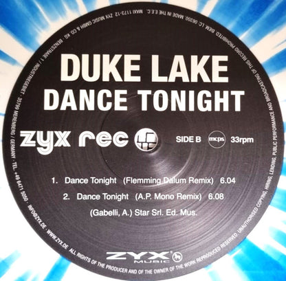 Etiqueta central del lado B del vinilo Duke Lake – Dance Tonight, ZYX Music, con remixes de Flemming Dalum y A.P. Mono impresos en negro brillante con texto blanco nítido.