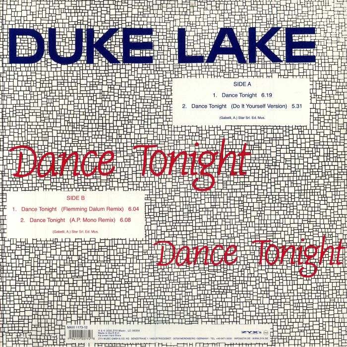 Contraportada del vinilo Duke Lake – Dance Tonight de ZYX Music, mostrando lista de pistas, versiones remix y créditos sobre el característico patrón cuadriculado.