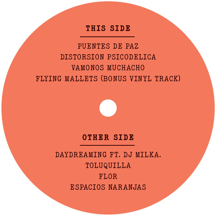 Lado B del vinilo Durango 95 – Vámonos Muchacho LP Álbum: etiqueta central naranja con Other Side y temas como Daydreaming ft. DJ Milka.