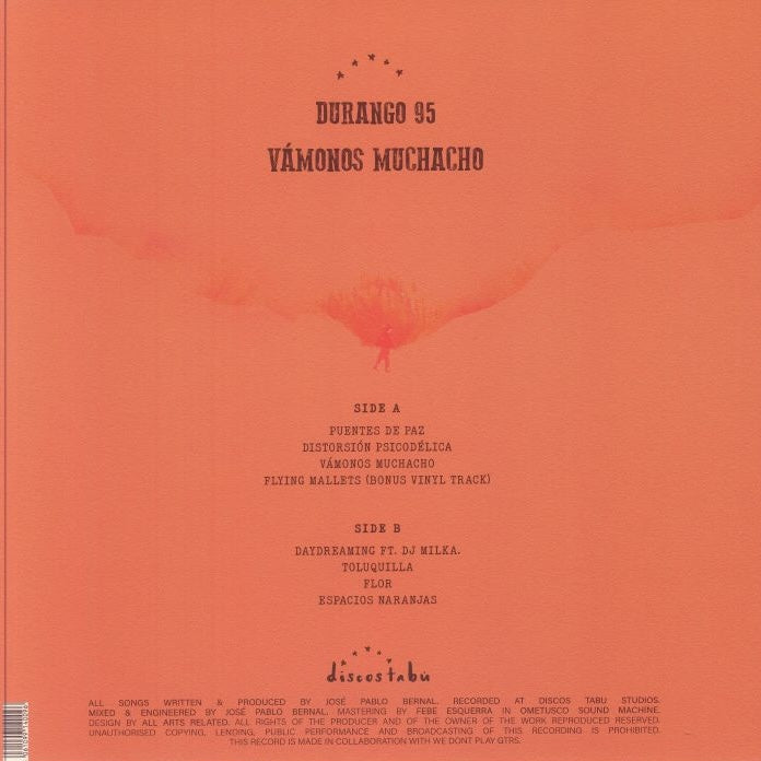 Contraportada del vinilo Durango 95 – Vámonos Muchacho LP Álbum: fondo naranja con tracklist completa, créditos de producción y diseño del sello discográfico.