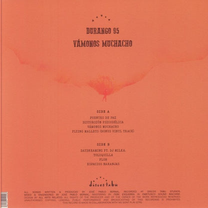 Contraportada del vinilo Durango 95 – Vámonos Muchacho LP Álbum: fondo naranja con tracklist completa, créditos de producción y diseño del sello discográfico.