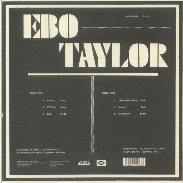 Contraportada del vinilo Ebo Taylor – Ebo Taylor LP reedición Strut, con tracklist lado A y B, duraciones y créditos impresos en fondo negro.