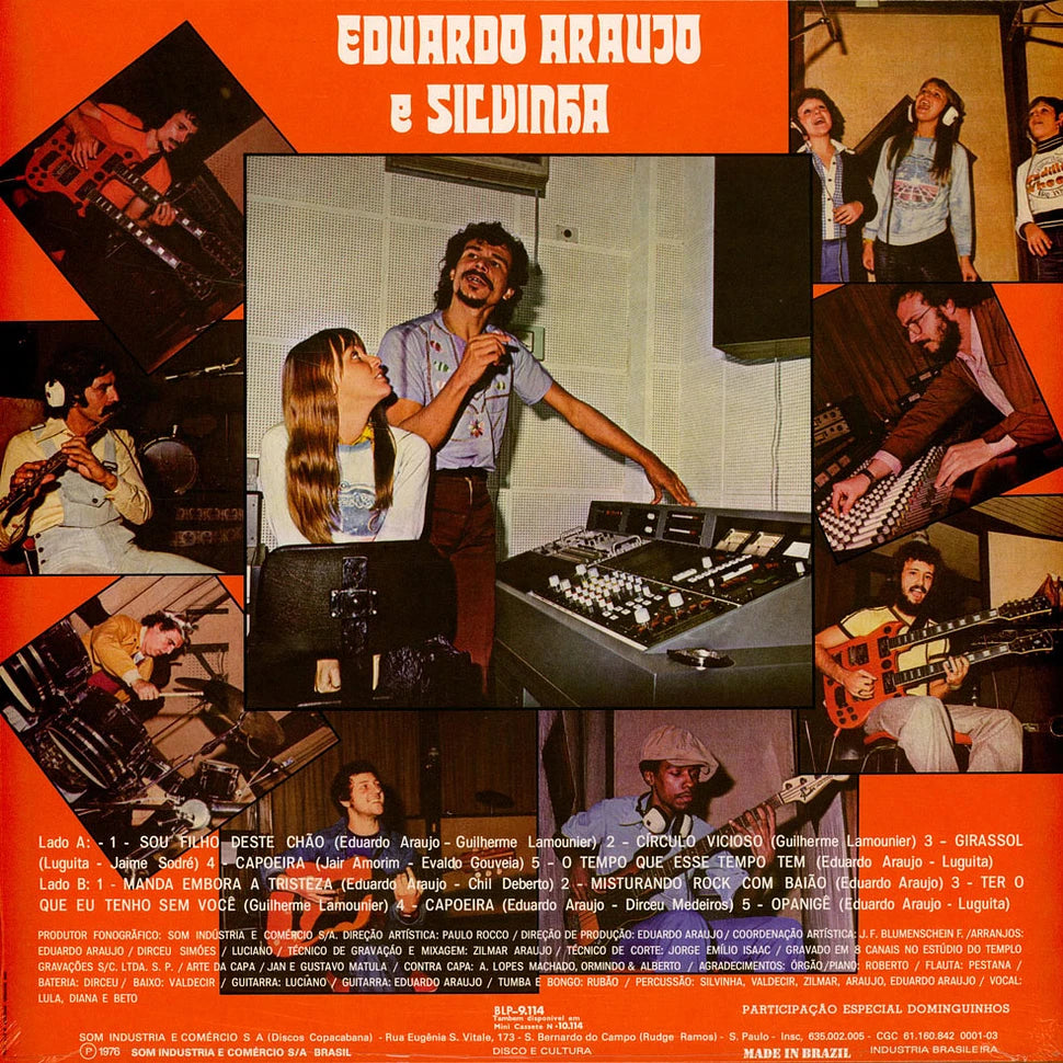 Contraportada del vinilo Eduardo Araújo & Silvinha – Sou Filho Dêsse Chão, LP reedición Mr Bongo, fotos en estudio, créditos, listado de pistas y catálogo BLP-9114.