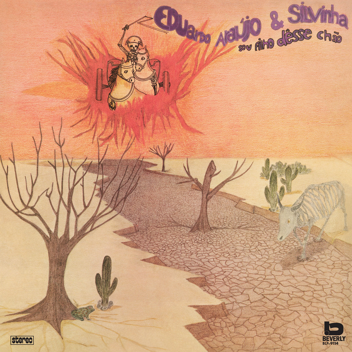 Portada del vinilo Eduardo Araújo & Silvinha – Sou Filho Dêsse Chão, LP reedición Mr Bongo, ilustración árida con burro esquelético, cactus y cielo naranja psicodélico.