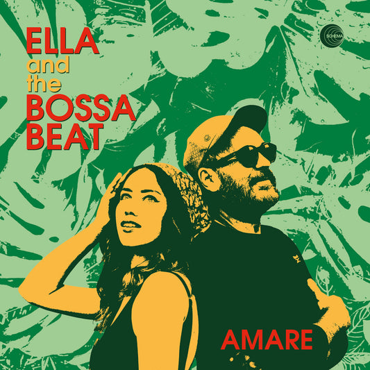 Portada del vinilo Ella And The Bossa Beat – Amare, con retrato gráfico de Ella Blu y Magrus Borges en verde y amarillo.