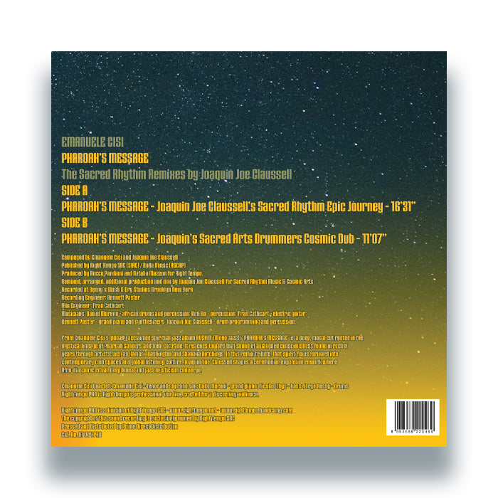 Contraportada del vinilo Emanuele Cisi – Pharoah’s Message (Joe Claussell Sacred Rhythm Remixes), con listado de pistas, créditos completos y diseño estelar en formato 12" maxi-sencillo.