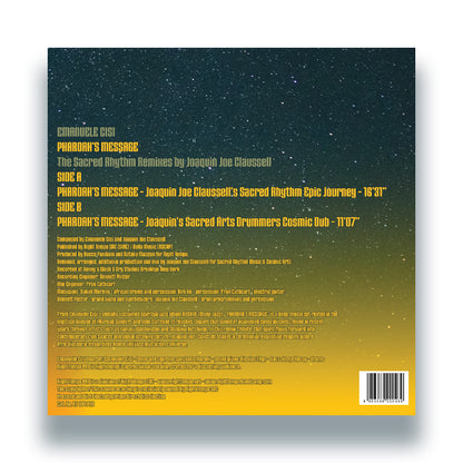 Contraportada del vinilo Emanuele Cisi – Pharoah’s Message (Joe Claussell Sacred Rhythm Remixes), con listado de pistas, créditos completos y diseño estelar en formato 12" maxi-sencillo.