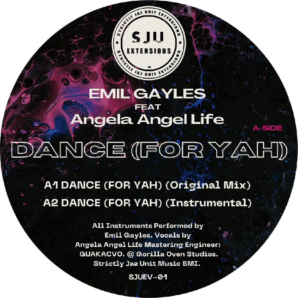 Lado A del vinilo Emil Gayles Feat. Angela Angel Life – Dance (For Yah), con diseño marmoleado y dos mezclas listadas.