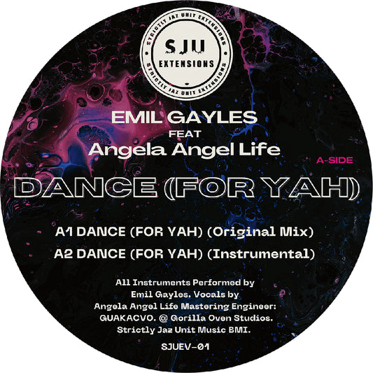 Lado A del vinilo Emil Gayles Feat. Angela Angel Life – Dance (For Yah), con diseño marmoleado y dos mezclas listadas.