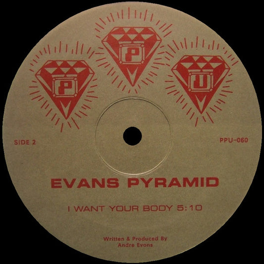 Portada trasera del vinilo Evans Pyramid – Where Love Lives, lanzado por Peoples Potential Unlimited en 12" limitado. Muestra la lista de canciones y detalles de producción.