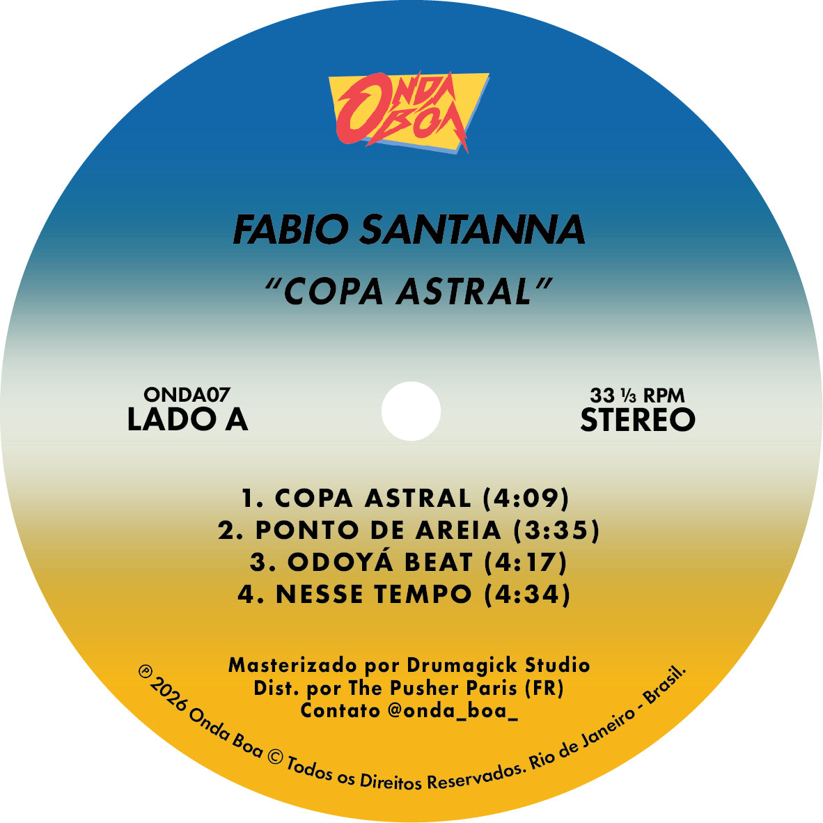 Lado A del vinilo Fabio Santanna – Copa Astral, con cuatro pistas, duraciones, catálogo ONDA07 y diseño degradado.