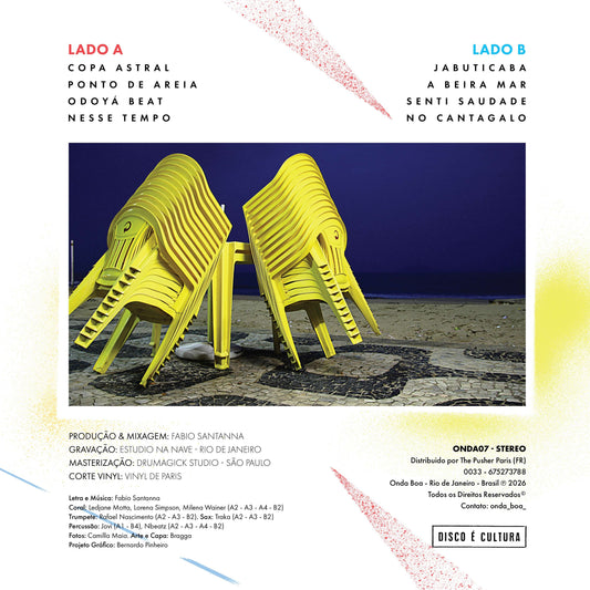 Contraportada del vinilo Fabio Santanna – Copa Astral, con tracklist, créditos y sillas amarillas junto al mar.