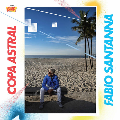 Portada del vinilo Fabio Santanna – Copa Astral, con el artista sentado frente a una playa de Río y palmeras.