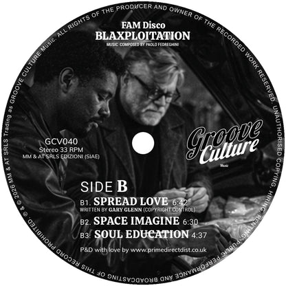 Lado B del vinilo FAM Disco – Blaxploitation, etiqueta central con catálogo GCV040, créditos de composición, tres temas y fotografía monocromática.