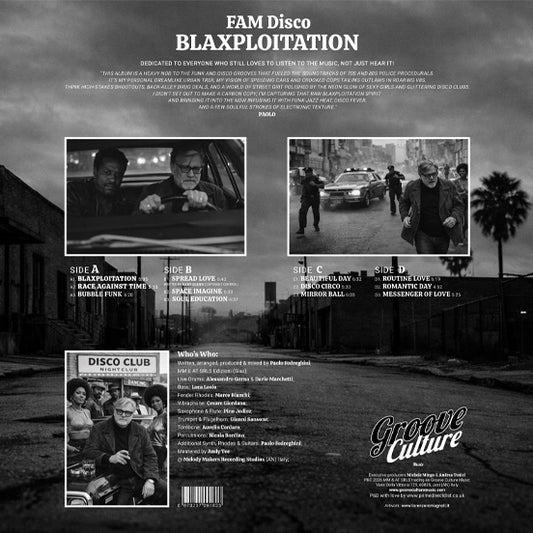 Contraportada del vinilo FAM Disco – Blaxploitation, 2 x LP de Groove Culture Music con listado de pistas, créditos y escenas fotográficas del álbum.