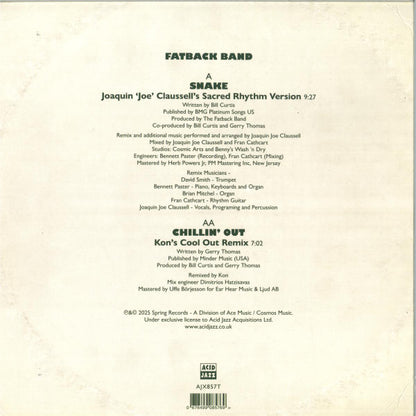 Contraportada del vinilo Fatback Band – Snake / Chillin' Out (Remixes) de Acid Jazz con créditos completos, duración de temas y detalles de grabación en fondo claro.