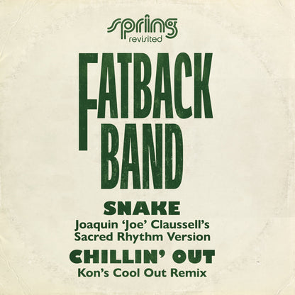 Portada del vinilo Fatback Band – Snake / Chillin' Out (Remixes) editado por Acid Jazz, diseño minimalista con letras verdes sobre fondo crema en formato 12".