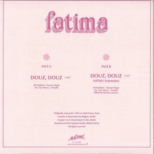 Portada trasera del vinilo Fatima – Douz, Douz del sello MTMU. Incluye créditos, pistas y duración por cada cara.