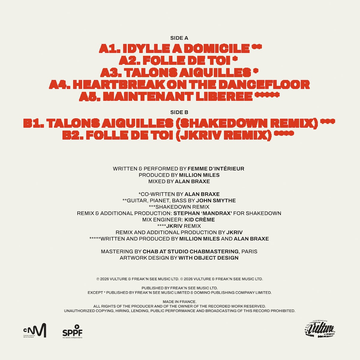 Contraportada del vinilo Femme d'Interieur – Femme d'Interieur con tracklist, créditos y logo de Vulture Music.