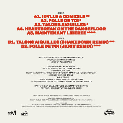 Contraportada del vinilo Femme d'Interieur – Femme d'Interieur con tracklist, créditos y logo de Vulture Music.