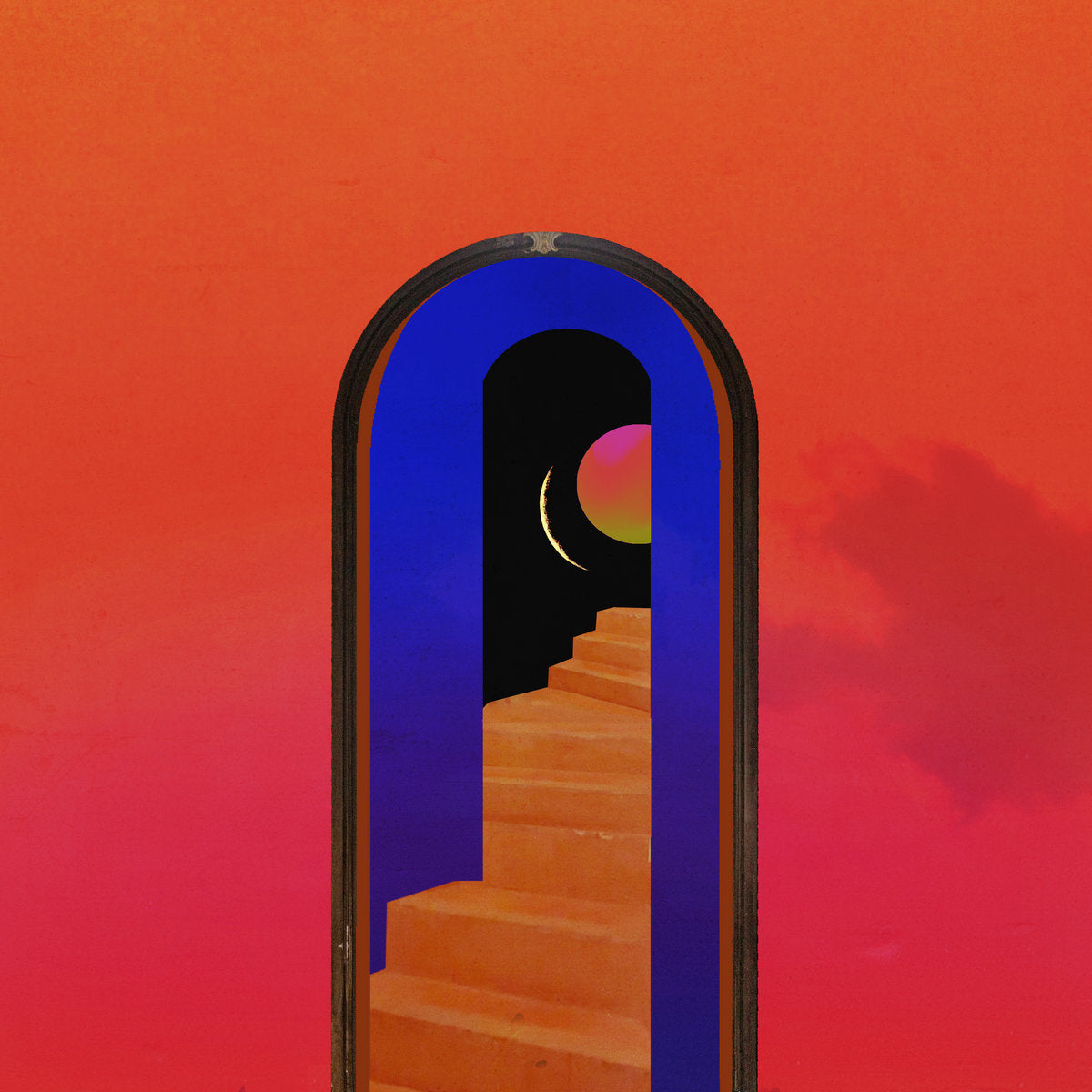 Portada del vinilo FLAUR – Hold On con arte surrealista: una puerta azul revela una escalera dorada hacia un cielo oscuro con un planeta y una media luna, sobre un fondo degradado en tonos naranja y fucsia vibrante.