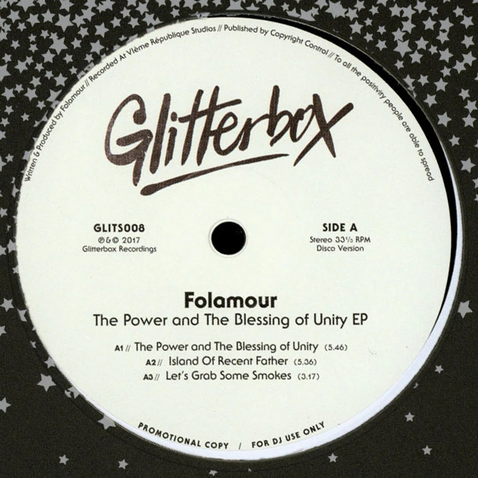 Lado A del vinilo Folamour – The Power And The Blessing Of Unity EP, etiqueta Glitterbox con pistas A1 a A3, duraciones y arte estrellado.