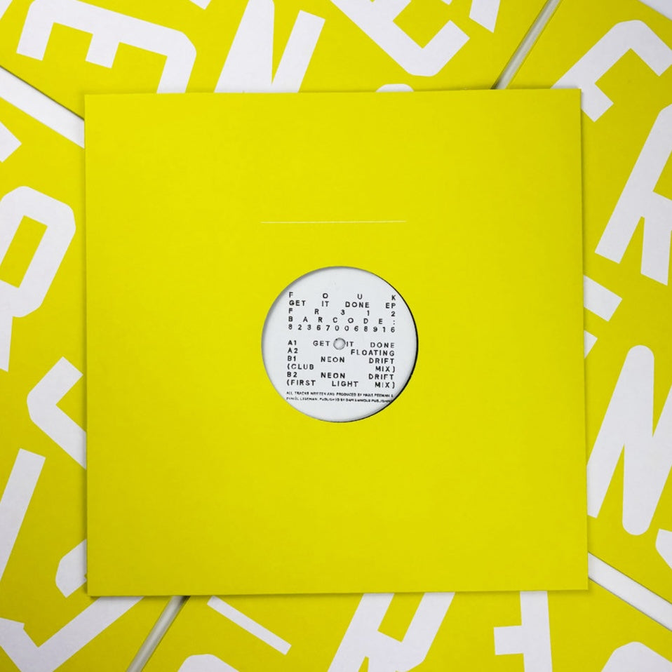 Contraportada del vinilo Fouk – Get It Done EP mostrando funda amarilla lisa con ventana central y diseño minimal de Freerange Records.