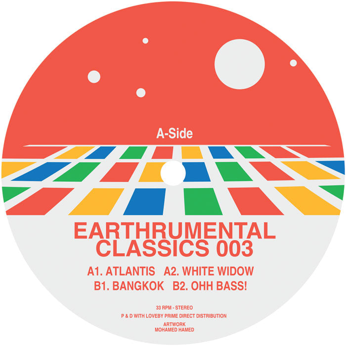 Lado A del vinilo Franck Roger – Earthrumental Classics 003 con etiqueta roja, retícula multicolor y tracklist.