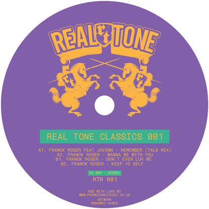 Etiqueta del lado A del vinilo Franck Roger – Real Tone Classics 001 de Real Tone Records. Impreso: incluye temas con Jovonn, título del álbum y créditos.