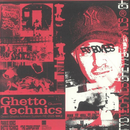 Contraportada del vinilo Frankie Bones – Ghetto Technics "The Compilation" Vol. 1 en 12" editado por Oaks, con collage urbano en rojo y negro y retrato de DJ Bones.