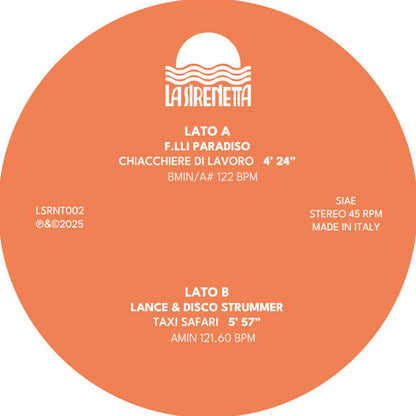 Lado A del vinilo 12" F.lli Paradiso / Lance & Disco Strummer – Chiacchiere di Lavoro / Taxi Safari en La Sirenetta con Chiacchiere di Lavoro 4:24 y Taxi Safari 5:57, BPM y catálogo LSRNT002.