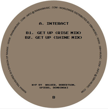 Portada trasera del vinilo Fresh & Low – Interact / Get Up, publicado por Rawax en 12", reedición. Texto impreso: A. Interact, B1. Get Up (Rise Mix), B2. Get Up (Shine Mix), créditos de producción.