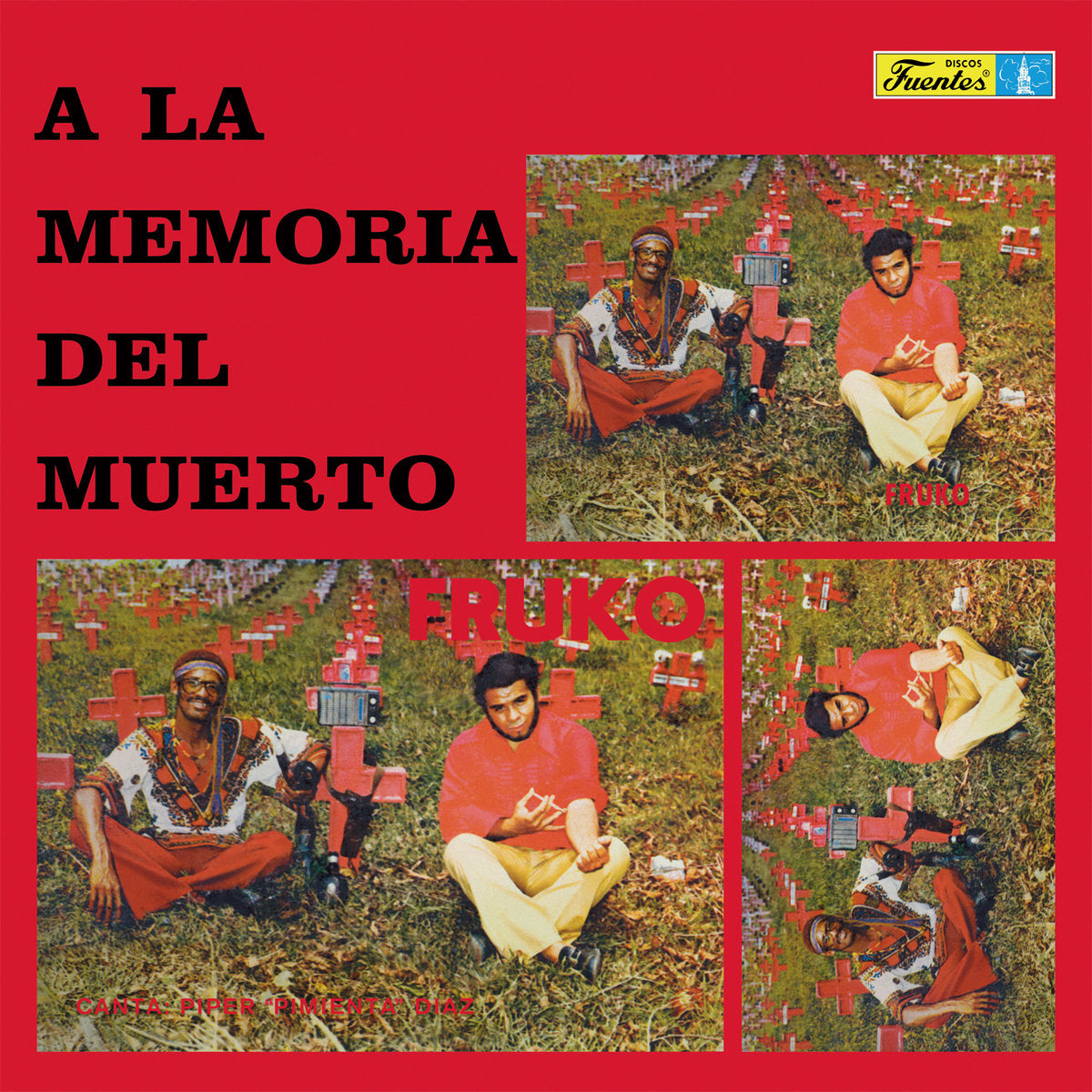 Portada del vinilo Fruko – A La Memoria Del Muerto LP reedición Vampi Soul con collage rojo y fotos del grupo.