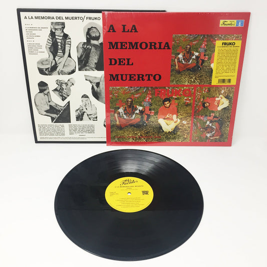 Vinilo Fruko – A La Memoria Del Muerto LP reedición Vampi Soul con funda abierta, contraportada y etiqueta central visible.