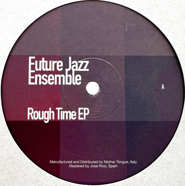 Etiqueta central del lado A del vinilo Future Jazz Ensemble – Rough Time EP, con fondo geométrico oscuro y tipografía blanca moderna que muestra el título del EP y créditos de masterización y distribución.