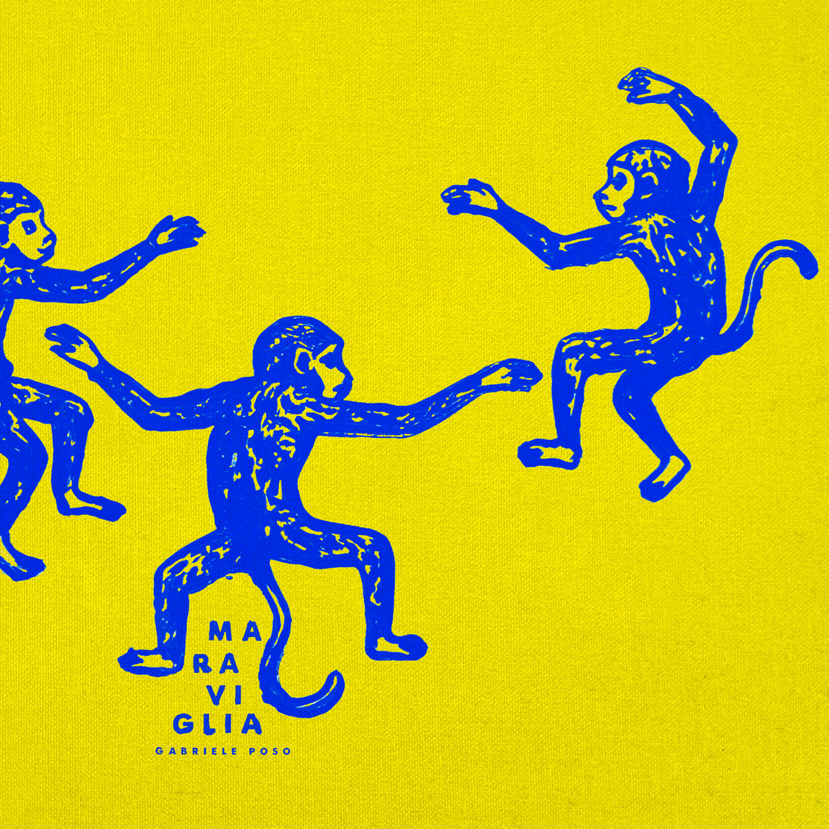 Portada del vinilo Gabriele Poso – Maraviglia: monos azules sobre fondo amarillo y título en la parte inferior.