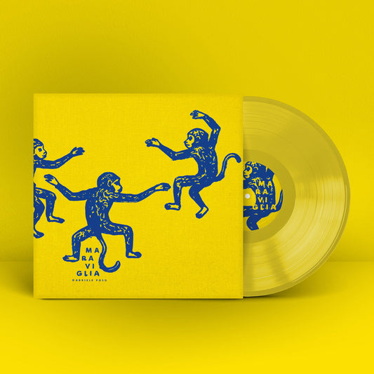 Funda de Gabriele Poso – Maraviglia junto al vinilo amarillo, con monos azules en la portada y etiqueta central.