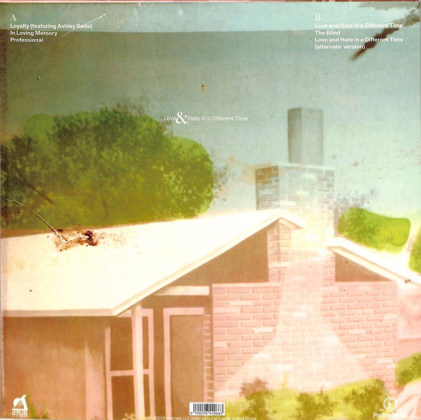 Contraportada del vinilo Gabriels – Love & Hate In A Different Time (Parlophone, 12", EP, Reimpresión) con arte suave y tipografía minimalista mostrando las pistas de los lados A y B.