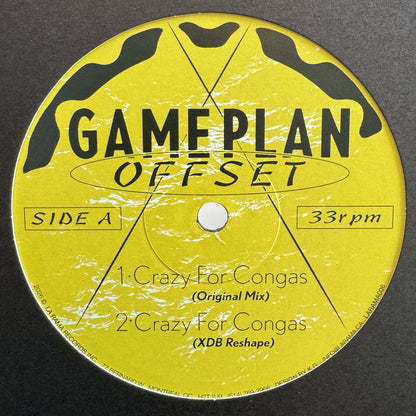 Lado A de vinilo 12" Game Plan – Offset en La Rama Records, etiqueta amarilla con Crazy For Congas en dos versiones y 33rpm.