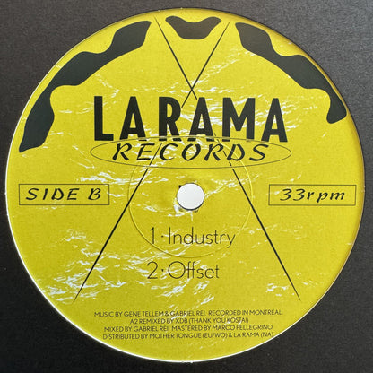 Lado B de vinilo 12" Game Plan – Offset en La Rama Records, label amarillo con tracks Industry y Offset más créditos impresos.