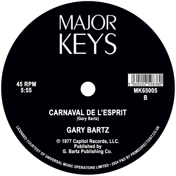 Etiqueta central lado B en vinilo 12" Reedición Gary Bartz – Music Is My Sanctuary / Carnaval De L'Esprit en Major Keys, con pista “Carnaval de L’esprit” de 5:55 y código MK65005.