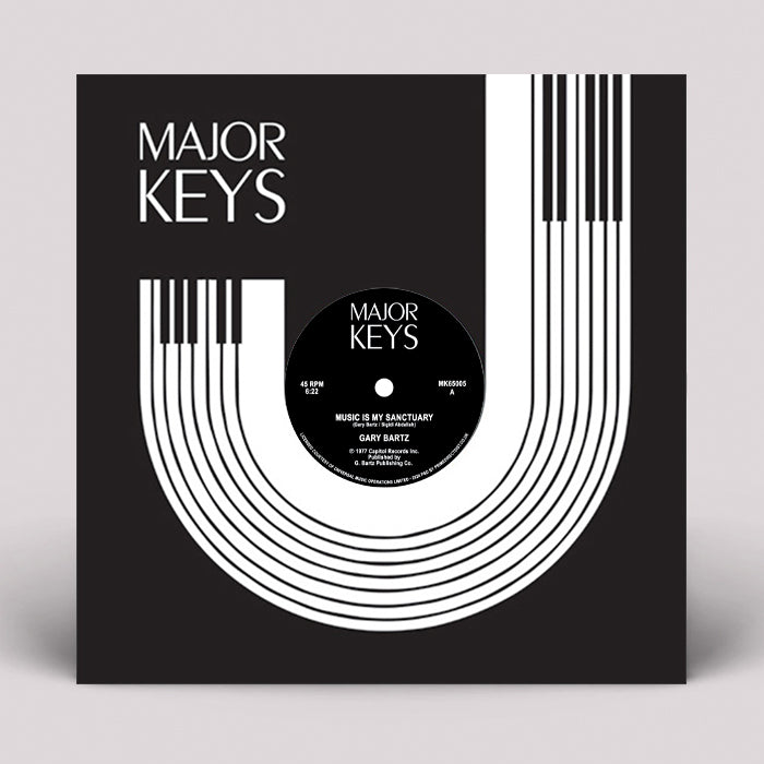 Portada en blanco y negro del vinilo 12" Reedición Gary Bartz – Music Is My Sanctuary / Carnaval De L'Esprit en Major Keys, con diseño gráfico de teclas en forma de U.