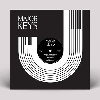 Portada en blanco y negro del vinilo 12" Reedición Gary Bartz – Music Is My Sanctuary / Carnaval De L'Esprit en Major Keys, con diseño gráfico de teclas en forma de U.