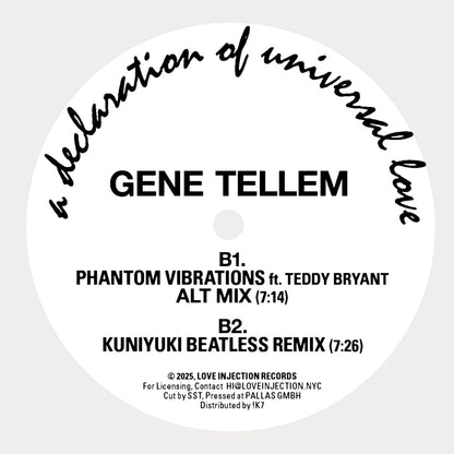 Etiqueta central lado B del vinilo Gene Tellem – Phantom Vibrations 12”, presenta B1 Phantom Vibrations alt mix 7:14 y B2 Kuniyuki beatless remix 7:26 con datos de sello.