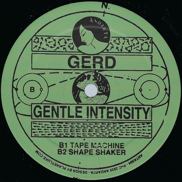 Etiqueta lado B del vinilo Gerd – Gentle Intensity en Andarta mostrando pistas Tape Machine y Shape Shaker del EP 12".