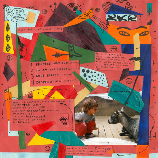 Contraportada del vinilo Gino – Alex Part One con cuatro temas, créditos y foto de un niño frente a una cabra.
