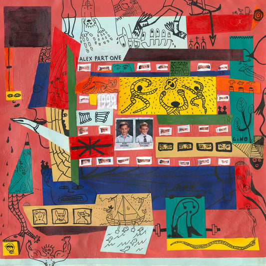 Portada del vinilo Gino – Alex Part One: collage rojo con dibujos, recortes de ojos y fotografías de infancia.