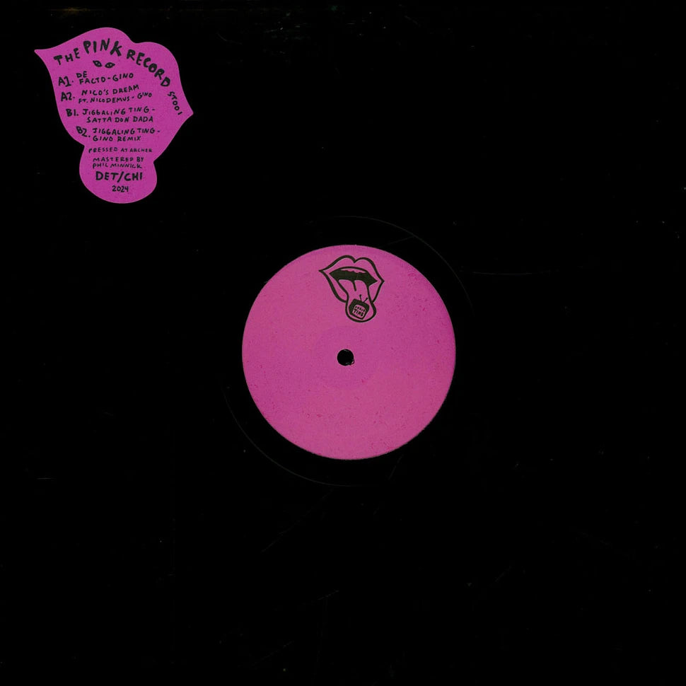 Portada del vinilo Gino / Satta Don Dada – The Pink Record, con funda negra, sticker rosa y logo de Snack Time.